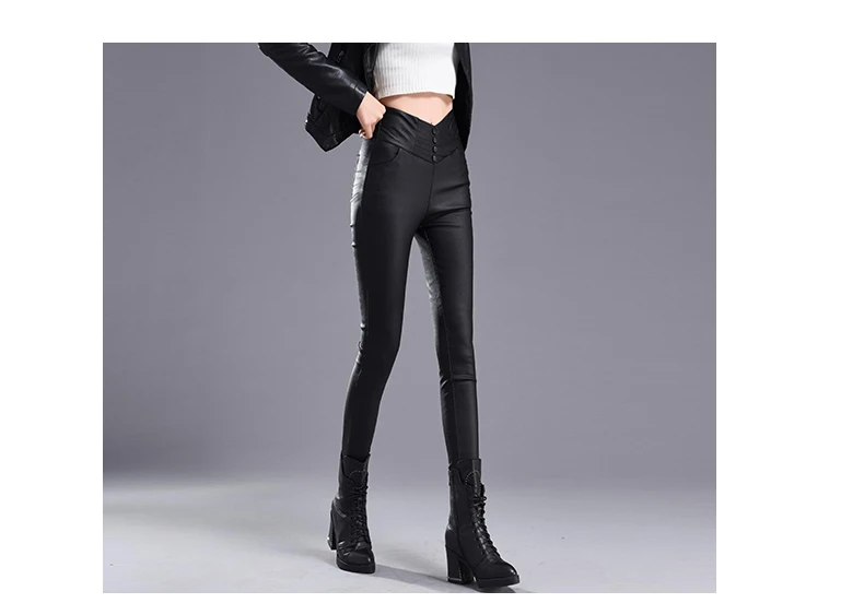 Осенне-зимние женские кожаные брюки с высокой талией, эластичные Блестящие Брюки, узкие женские кожаные брюки-карандаш, женские брюки