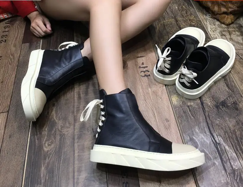 Cuir Bout Bottes Rond Femmes Haut Mode Chaude Chaussures Lacets En Véritable Noir Kaeve Baskets wpHIvzqZ