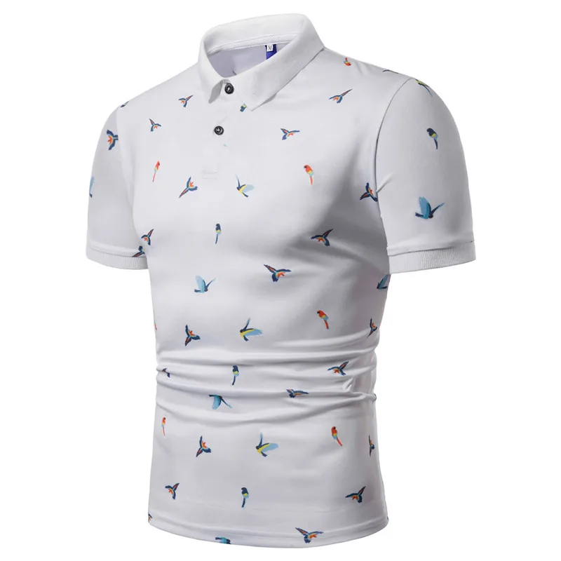  Polo men's summer fashion bird print short-sleeved lapel polo shirt cotton Slim business casual bre