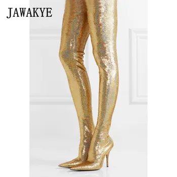 

New Bling Bling Pant Thigh high Boots Women Silver Gold Sequin stretch Stilettos glitter Waist Bootcuts Party High Heel Shoes