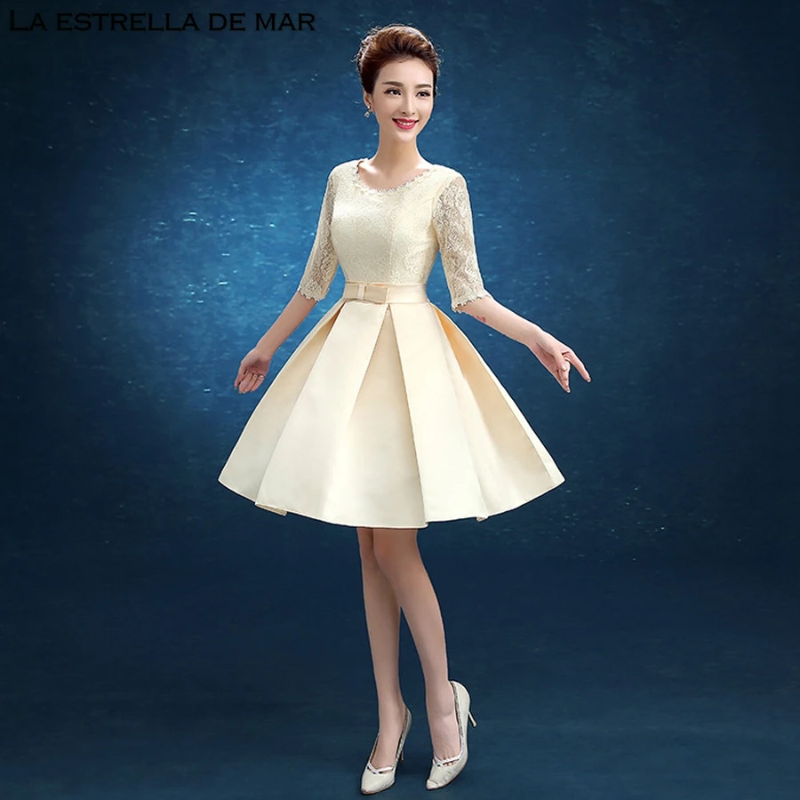 

Gaun pesta dewasa new Scoop neck lace satin half sleeve A Line champagne wedding guest dress short brautjungfernkleider