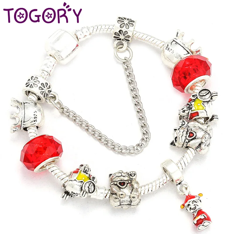 

TOGORY Silver Color God of Wealth Pendant Charm Bracelets with Lucky Cat Beads Girl Brand Bracelet For Kids Women Jewelry Gift