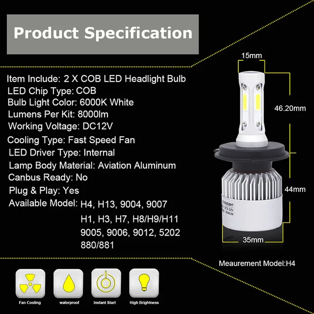 YHKOMS H4 LED Bulb H7 H1 H3 H8 H9 H11 H13 9005 HB3 9006 HB4