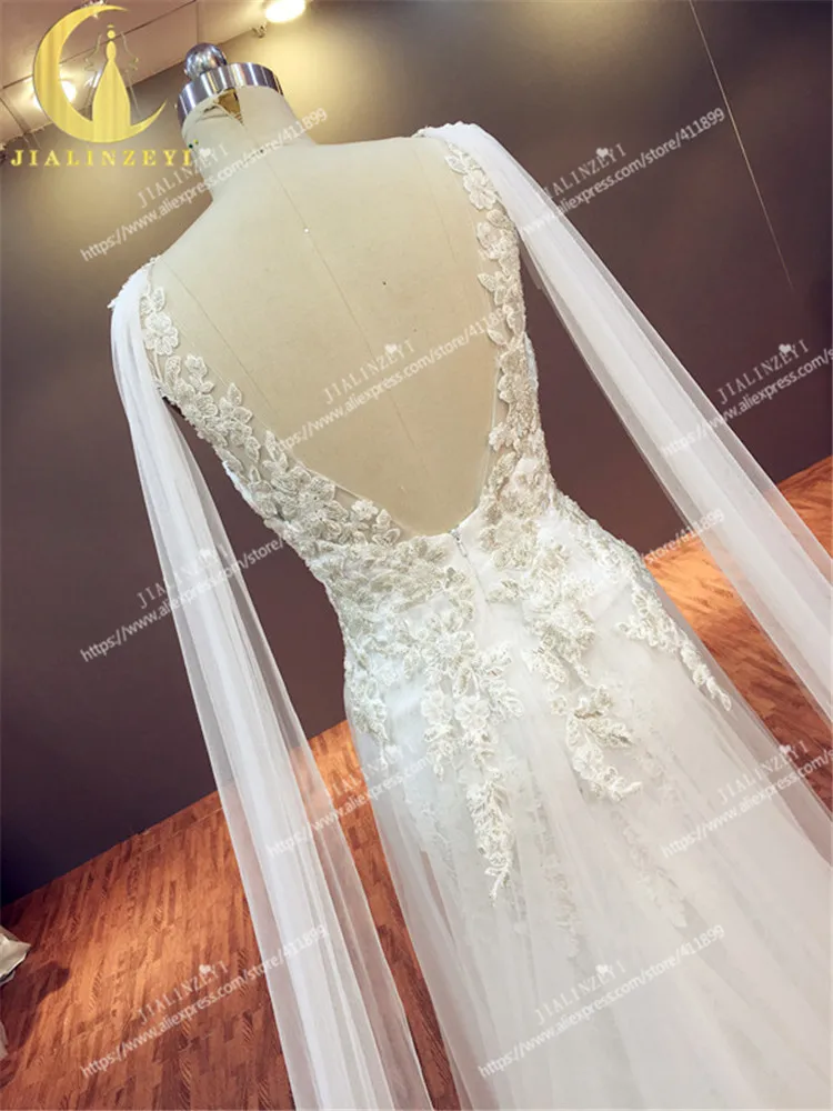 JIALINZEYI сексуальный v-образный вырез кружева с серебряные бусины А-силуэт Тюль спинки с шалью свадебные платья свадебное платье