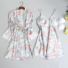 Весеннее Новое поступление, банный халат из искусственного шелка+ ночная рубашка, комплект из двух предметов, халат и платье с кружевной подкладкой на груди, ночное белье с принтом