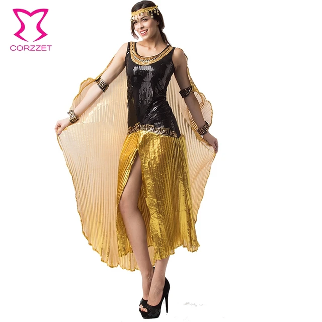 Goud Zwart Lovertjes Egyptische Cleopatra Kostuum Vrouwen Prinses Queen