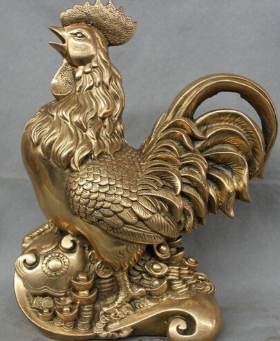 

0 14" Chinese Fengshui Brass Zodiac Year Cock Rooster Ru Yi Money Wealth Statue