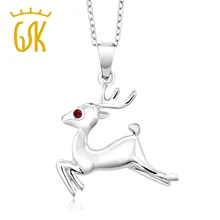 Gemstoneking chica reno de plata de ley 925 colgante redondo rojo creado rubí colgante animal del collar de la joyería de regalo de navidad