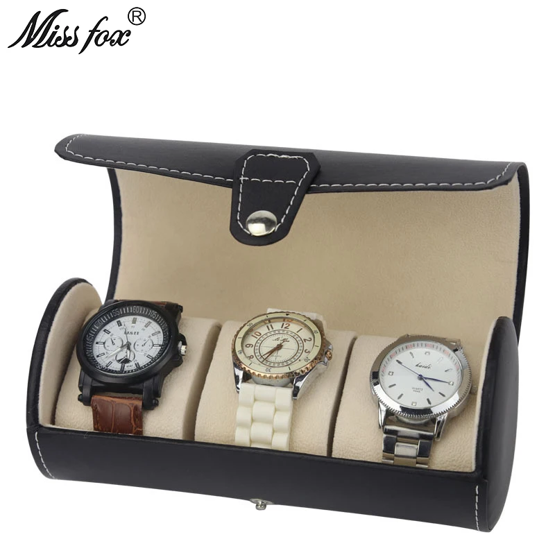 

MISSFOX Cylinder Watch Box 3 Bit PU Leather Portable Watch Display Storage Box Watch Jewelry Box Carry Bag WATCH BOX