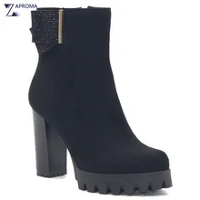 Autumn Chunky Heel Bowtie Crystal Round Toe Sexy Ankle Boots Women Faux Suede Winter Fleece Platform Black Super High Heel Shoes
