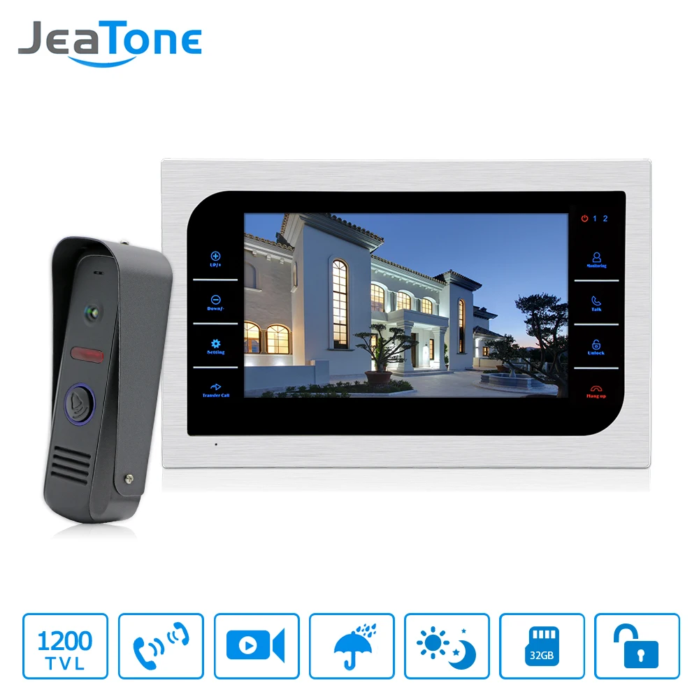 JeaTone 10 inch TFT LCD Door Intercom Video Doorbell System with Camera 2.8mm Lens 1200TVL 1V1 Door Access Control Waterproof