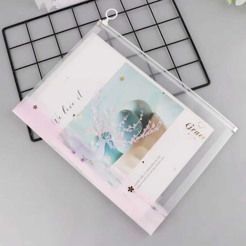 

Pink Girl Feel Cartoon Print File Bag Plastic Zippered Folder Envelopes Clear Poly Pouch Envelopes File Document Holder Case Let