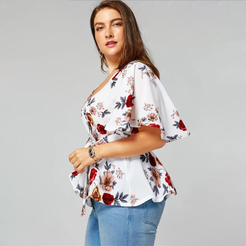 New Women's Blouse Sexy V Neck Floral Print Flare Sleeve Belted Surplice Peplum Tops And Blouse blusas feminina Plus Size