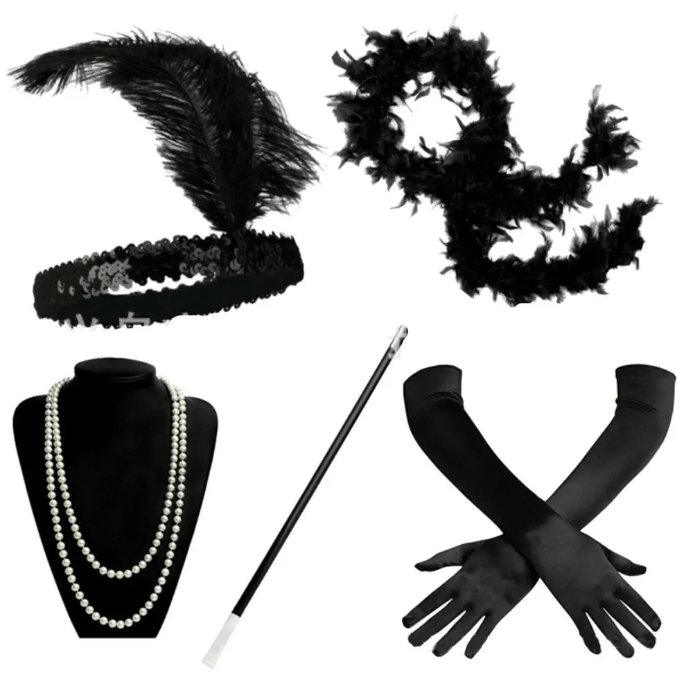 1920 Для женщин винтажные GATSBY головные уборы с перьями костюм девушки-флаппера аксессуар мундштук шаль Перчатки Набор для волос - Цвет: Black