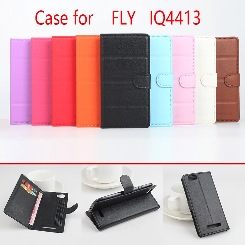 

For FLY IQ4413 Phone Case Folio Flip Pure Color Lichee Pattern PU Leather Wallet Case Cover Cash/Card Slots SH