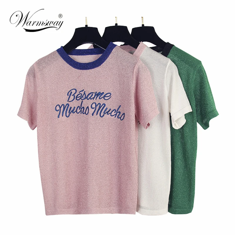 Korean Cute Letter Tee shirt femme Hipster Harajuku Lurex Womens Clothing Kawaii Ladies short sleeve T Shirt Women Tops B-052