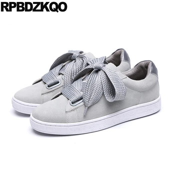 

lace up gray sneakers handmade genuine leather trainers chinese round toe suede designer shoes women luxury 2019 flats real