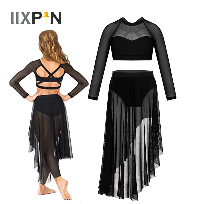 

IIXPIN Kids Girls Dance Costumes Long Sleeve X-Back Crop Top with Tulle Skirt Set for Celebration of Spirit Praise Lyrical Dance