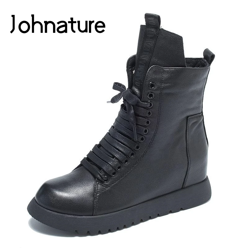 

Johnature Genuine Leather Ankle Boots Zipper Round Toe Flat With Solid Color 2019 New Autumn/Winter Cross-tied Women Shoes