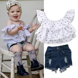 Модный детский комплект одежды для маленьких девочек, футболка в горошек с открытыми плечами Топы + джинсовые штаны, комплект одежды