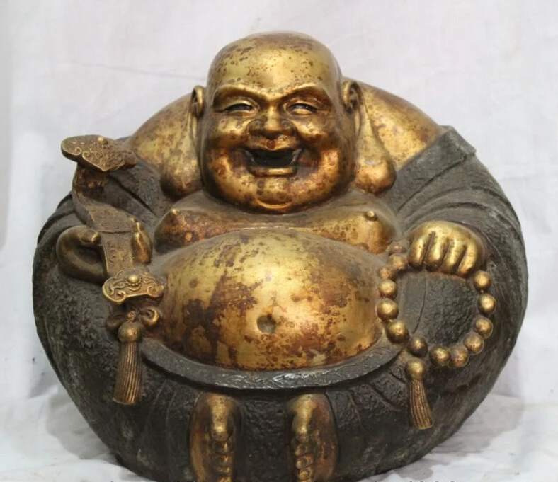 

fast shipping USPS to USA S2540 13" Chinese China Bronze Gilt Happy Laugh Maitreya Buddha & Ruyi Statue