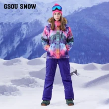Gsou снег Зима лыжный костюм, женщин ветрозащитный, теплый, утолщение, лыжная одежда, подтяжки, штаны