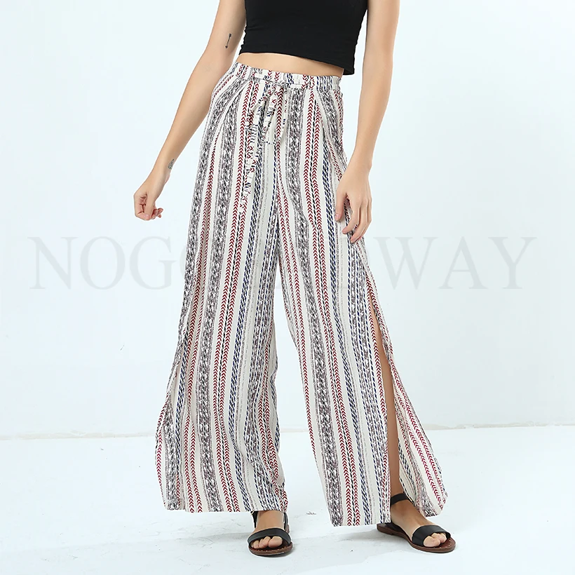 

NOGOBADWAY women full length pants chiffon loose wide leg trousers high waist vintage print fashion bohemian print lady clothes
