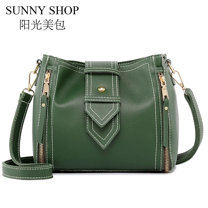 SUNNY SHOP Fashion Ladies Bucket Bag PU Leather Shoulder Bag Small Mini Messenger Bag for Women Bucket Crossbody Bag Zip Design