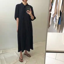 Женское летнее длинное черное платье, короткий рукав, отложной воротник, короткое платье с пуговицами, элегантное платье размера плюс, женское платье Sukienki