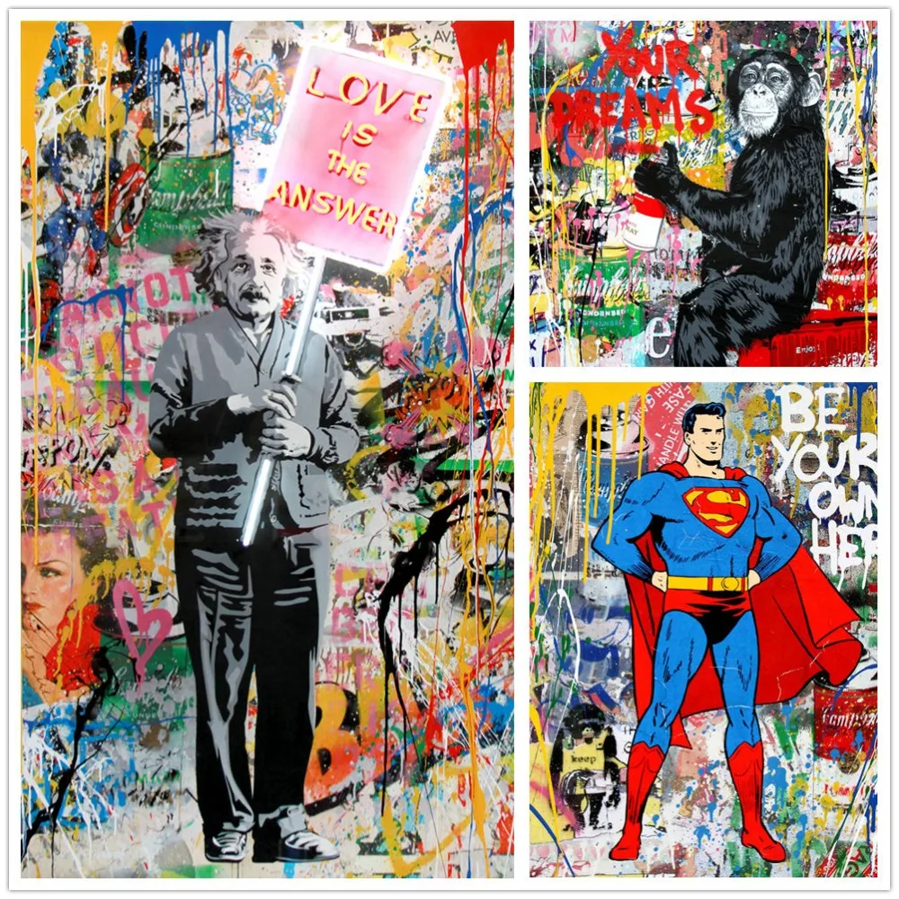 

Mr. Brainwash Einstein Paintings Superman monkey Graffiti art Wall Pictures Canvas Art Posters and Prints For Room Decor