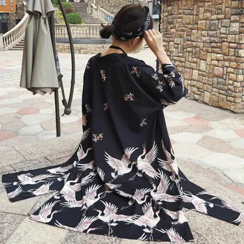 

Retro Beach Street Long Kimono Thin Sunscreen Cardigan Crane Printed Jacket Half Sleeve Loose Coat Sun Protection Tops