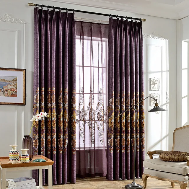 Moderne Style Lin Naturel Blockout Tissu Rideau Brodé Floral Pourpre ... Moderne Style Lin Naturel Blockout Tissu Rideau Brodé Floral Pourpre ...