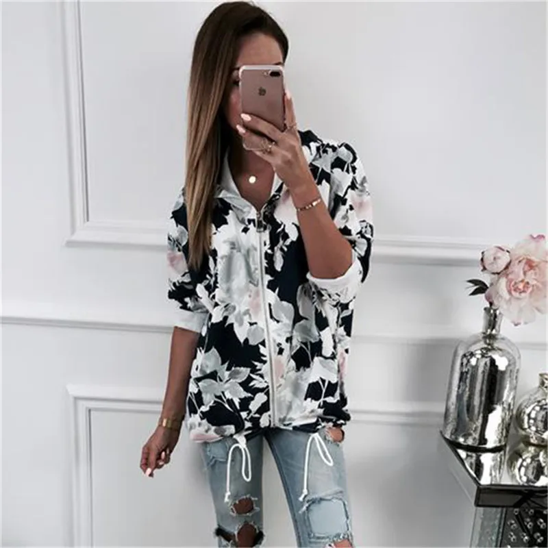 

New Women Zipper Hooded Coat Hoodie Sweatshirt Long Sleeve Floral Print Casual Coat Jacket Top Outwear Outfit