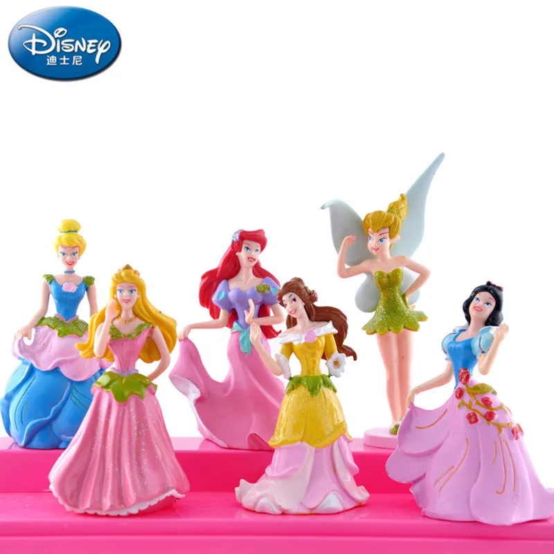 

6PCS Disney Snow White Mermaid Belle Sparkling Pink Princess Dummy Model Flower Fairy Cake Accessories Children's Girls Toy Gift
