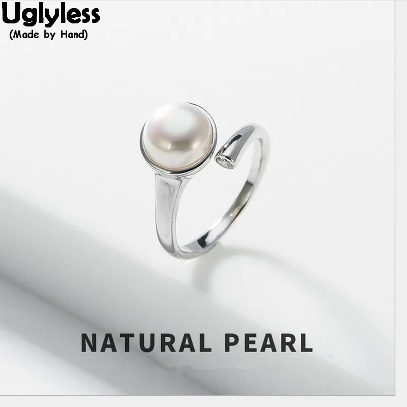 

Uglyless 100% Real 925 Sterling Silver Elegant Lady Natural Pearl Finger Rings for Women Open Ring Jewelry Gemstone Semi Round