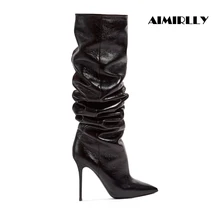 Женские сапоги на высоком каблуке; сапоги до колена с острым носком; зимние сапоги до колена