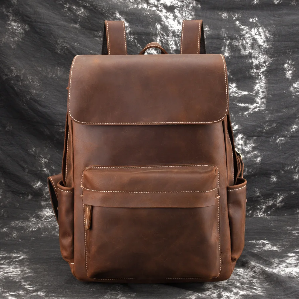 Высококачественный рюкзак из воловьей кожи с масляным воском, школьный рюкзак, Большая вместительная сумка для книг, мужской рюкзак для путешествий, мужской рюкзак из натуральной кожи - Цвет: Brown