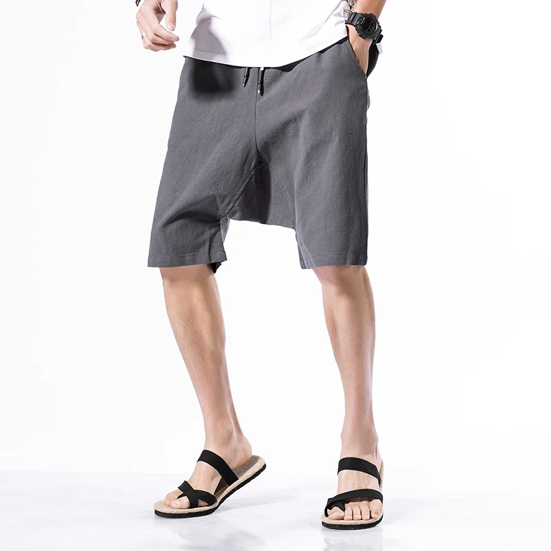 Летние хлопковые льняные повседневные эластичные шорты со шнуровкой в стиле ретро мужские шорты Свободные длиной до колена бермуды в стиле хип-хоп однотонные мужские шорты