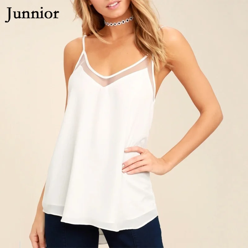 

JUNNIOR Summer Plus Size 5XL Mesh Black White Camis Minimalist Spaghetti Strap Backless Sexy Tops Ladies Solid Color Tees