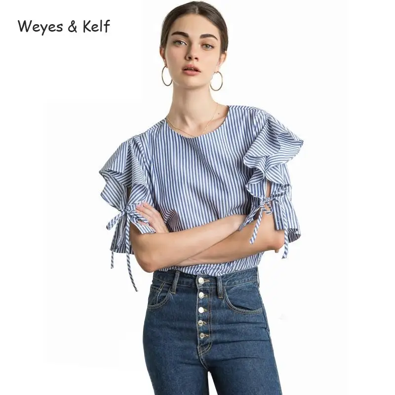 

Weyes & Kelf Striped Blue Shirt Women Cotton Hollow Out Lace Up Female Elegant Blouses O-neck Tops Bohemian Blouses For Women