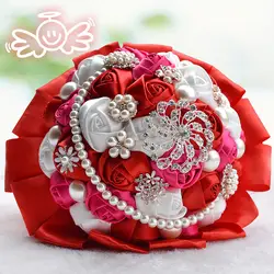 Небольшой роскошный шелковой лентой со стразами розы Искусственные Свадебные цветы Букеты свадебные хрустальные жемчуг Невесты