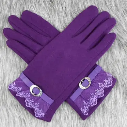 Новые осенние кружевные перчатки женские зимние вязаные теплые супер качественные резные цветы украшают красные Лоскутные фиолетовые кожаные перчатки