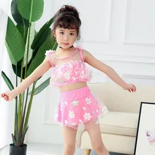 Детская одежда для плавания г. Красивое Сетчатое украшение, купальный костюм Купальник цветочный принт, раздельная пляжная одежда детский купальный костюм