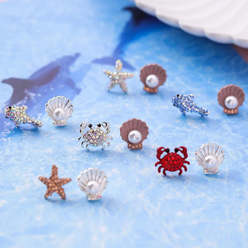 

2018 Sweet Cute Rhinestone Crab Starfish Dolphin Animal Simulated Pearl Shell 925 Silver Stud Earrings for Women Girls Jewelry