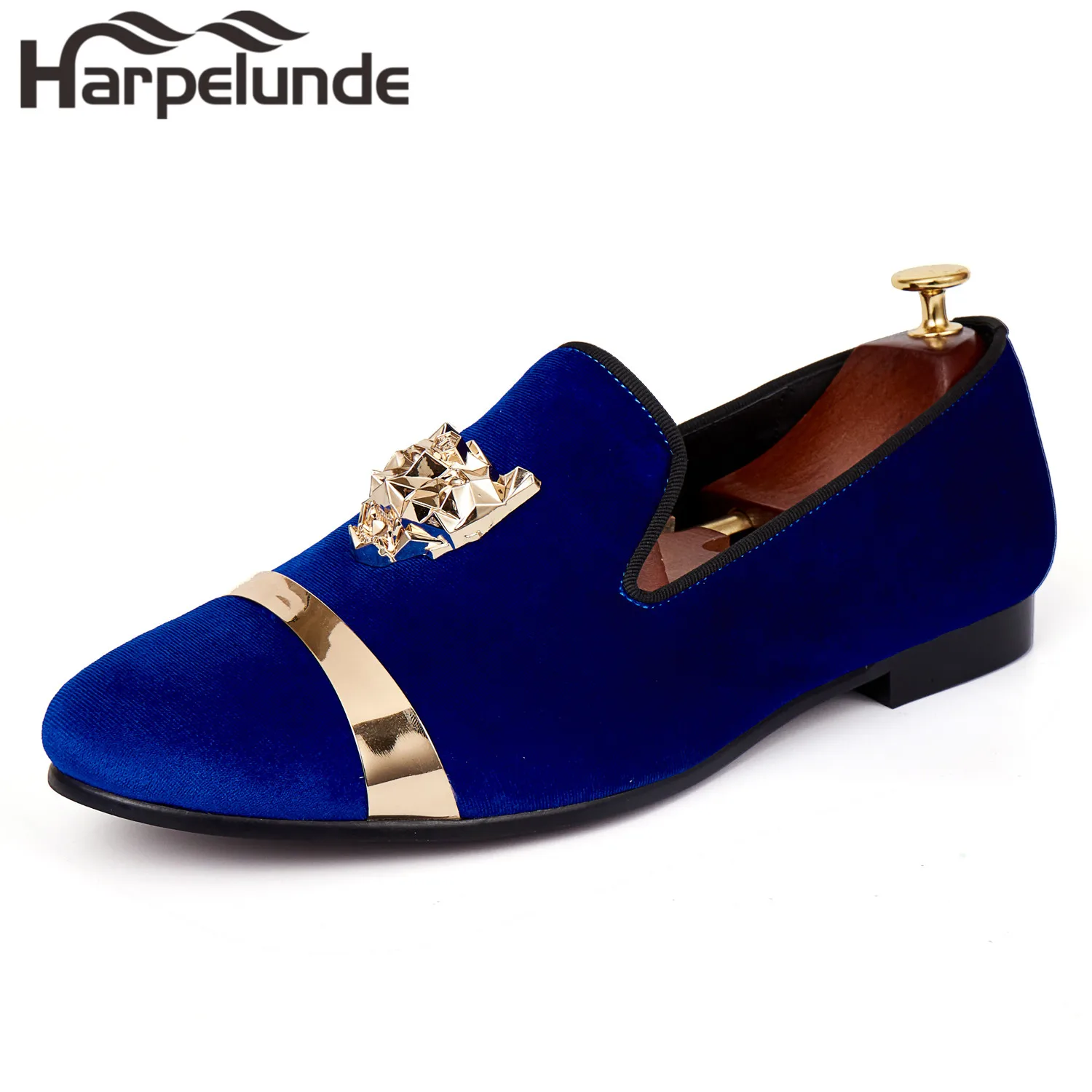Harpelunde Men Flat Shoes Animal Buckle Blue Velvet Dress Loafers With