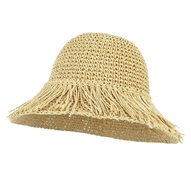 GEMVIE جديد الأزياء طوي شرابات قبعة صيفية للنساء دلو القش قبعة واسعة بريم قاء زجاجي شاطئ كاب منسوجة يدويا قبعة الشمس