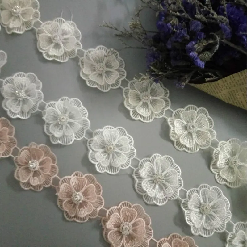 

1 yard Polyester 3D Flowers Embroidered African Lace Trim Ribbon Fabric Handmade Sewing Craft For Costume Hat Decoration 6.5X6.5