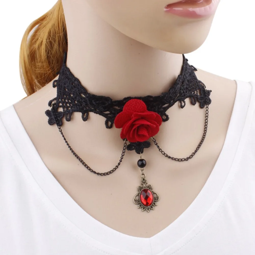 

Hot sale Gothic Red Rose Black Lace Court Rhinestone Tassel Hand Made Necklace For Women