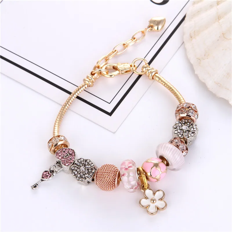 

High Quality Rose Golden Flower Pendant Crystal Glass Rhinestone Charms Bracelet Pandora Bracelet For Women/Gril gift jewelry