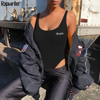 

Rapwriter Casual Skinny Letter Sexy Bodysuits Women 2020 Summer O-Neck Sleeveless Bodycon Sheer Open Crotch Tank Bodysuit White